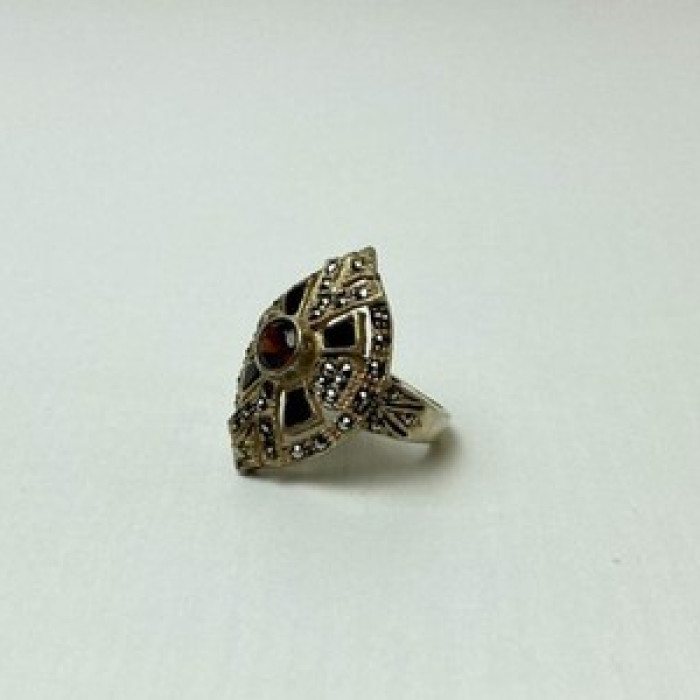 925 Sterling Silver Spessartine, Black Nephrite & Marcasites Ring Size 6.5