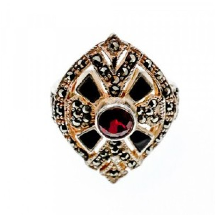 925 Sterling Silver Spessartine, Black Nephrite & Marcasites Ring Size 6.5