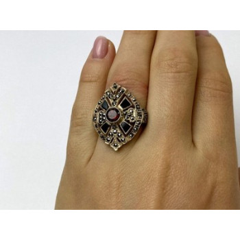 925 Sterling Silver Spessartine, Black Nephrite & Marcasites Ring Size 6.5