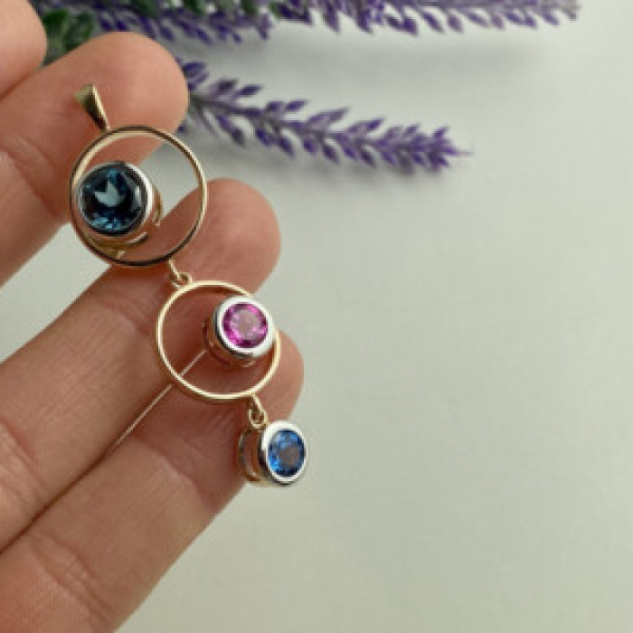 925 Sterling Silver Gold Plated Aquamarine, Topaz & Tourmaline Pendant