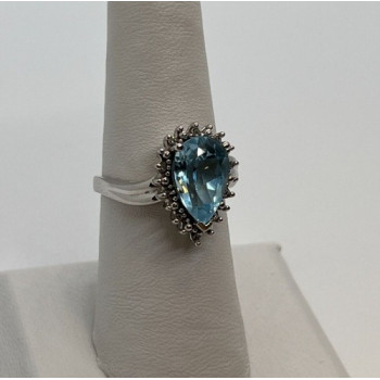 14K WHITE GOLD TOPAZ & DIAMONDS RING  SIZE 6