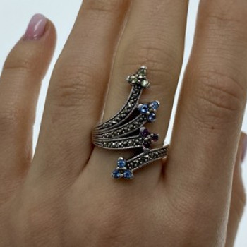 925 Sterling Silver Peridot, Topaz, Spinel & Marcasites Ring Size 6