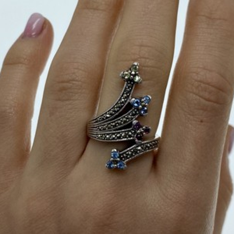 925 Sterling Silver Peridot, Topaz, Spinel & Marcasites Ring Size 6