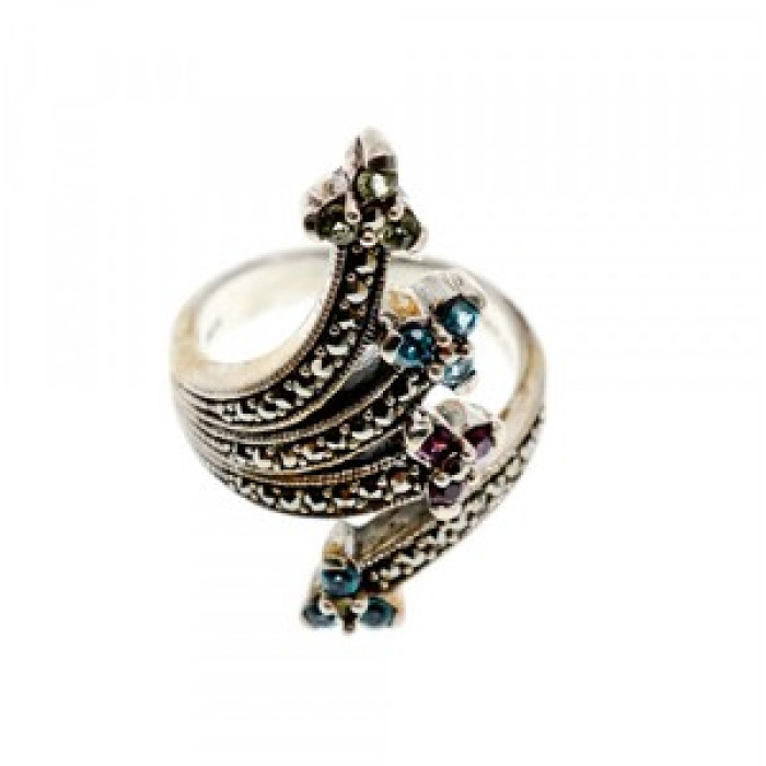 925 Sterling Silver Peridot, Topaz, Spinel & Marcasites Ring Size 6