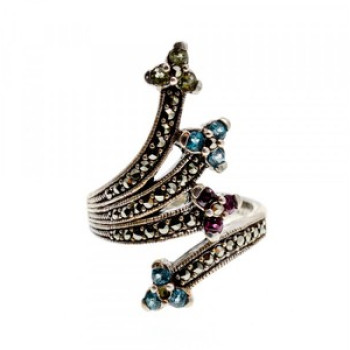925 Sterling Silver Peridot, Topaz, Spinel & Marcasites Ring Size 6