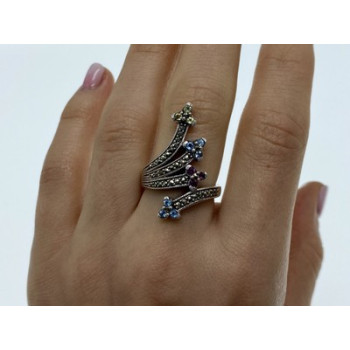 925 Sterling Silver Peridot, Topaz, Spinel & Marcasites Ring Size 6