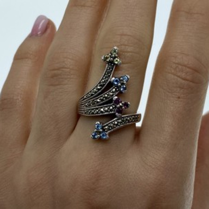925 Sterling Silver Peridot, Topaz, Spinel & Marcasites Ring Size 6