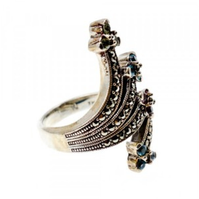 925 Sterling Silver Peridot, Topaz, Spinel & Marcasites Ring Size 6