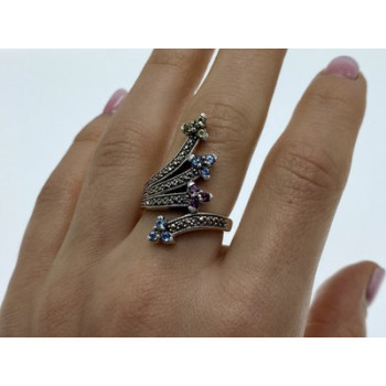 925 Sterling Silver Peridot, Topaz, Spinel & Marcasites Ring Size 6