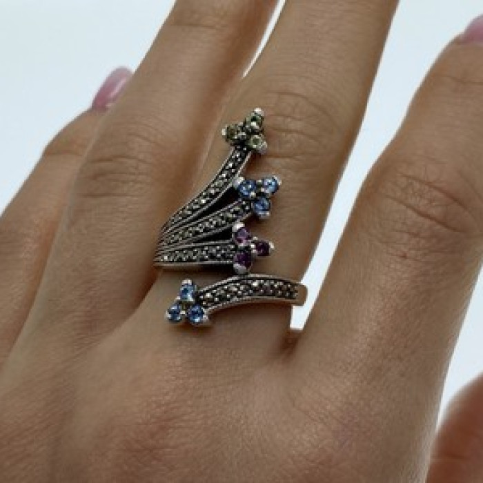 925 Sterling Silver Peridot, Topaz, Spinel & Marcasites Ring Size 6