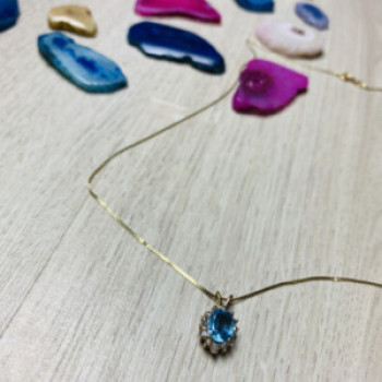 14K Yellow Gold Blue Spinel & CZ Chain With Pendant