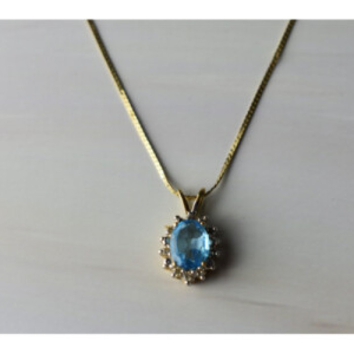 14K Yellow Gold Blue Spinel & CZ Chain With Pendant