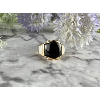 925 Sterling Silver Gold Plated Black Jade, Mother Of Pearl & CZ Ring Size 7