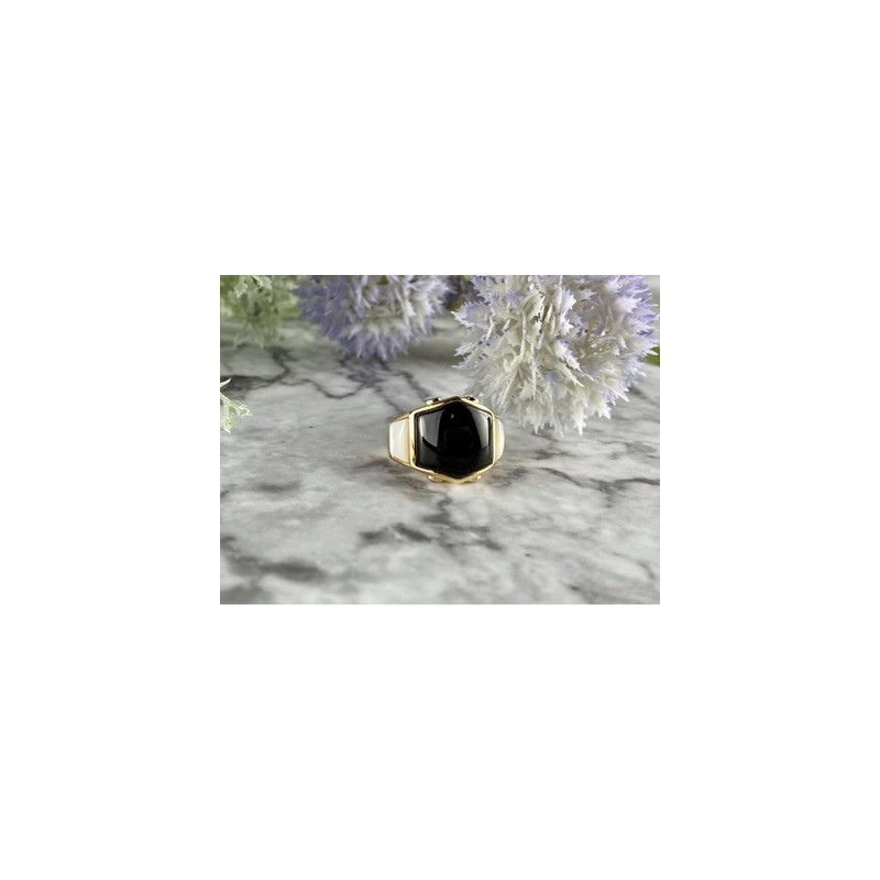 925 Sterling Silver Gold Plated Black Jade, Mother Of Pearl & CZ Ring Size 7
