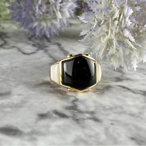 925 Sterling Silver Gold Plated Black Jade, Mother Of Pearl & CZ Ring Size 7