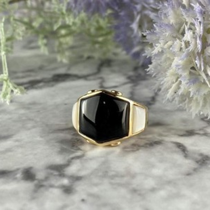 925 Sterling Silver Gold Plated Black Jade, Mother Of Pearl & CZ Ring Size 7