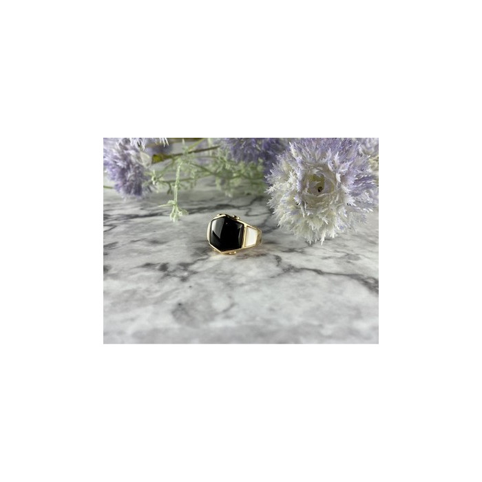 925 Sterling Silver Gold Plated Black Jade, Mother Of Pearl & CZ Ring Size 7