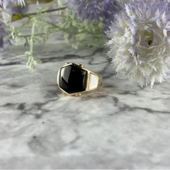 925 Sterling Silver Gold Plated Black Jade, Mother Of Pearl & CZ Ring Size 7