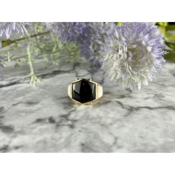 925 Sterling Silver Gold Plated Black Jade, Mother Of Pearl & CZ Ring Size 7