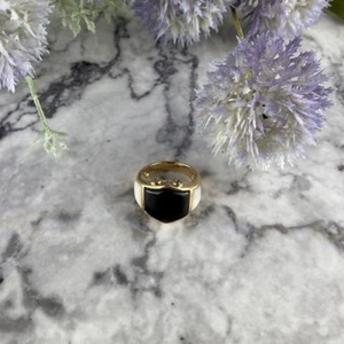 925 Sterling Silver Gold Plated Black Jade, Mother Of Pearl & CZ Ring Size 7