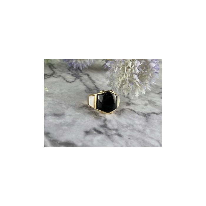 925 Sterling Silver Gold Plated Black Jade, Mother Of Pearl & CZ Ring Size 7