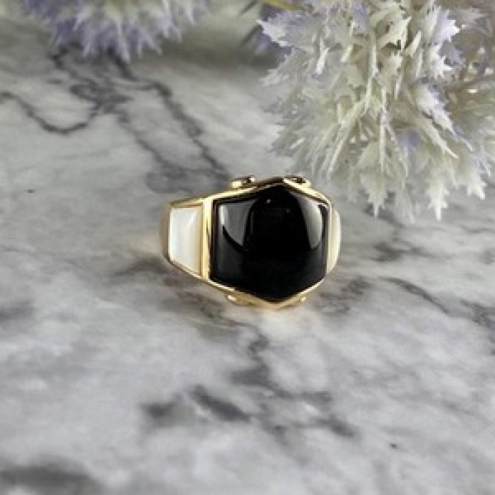 925 Sterling Silver Gold Plated Black Jade, Mother Of Pearl & CZ Ring Size 7