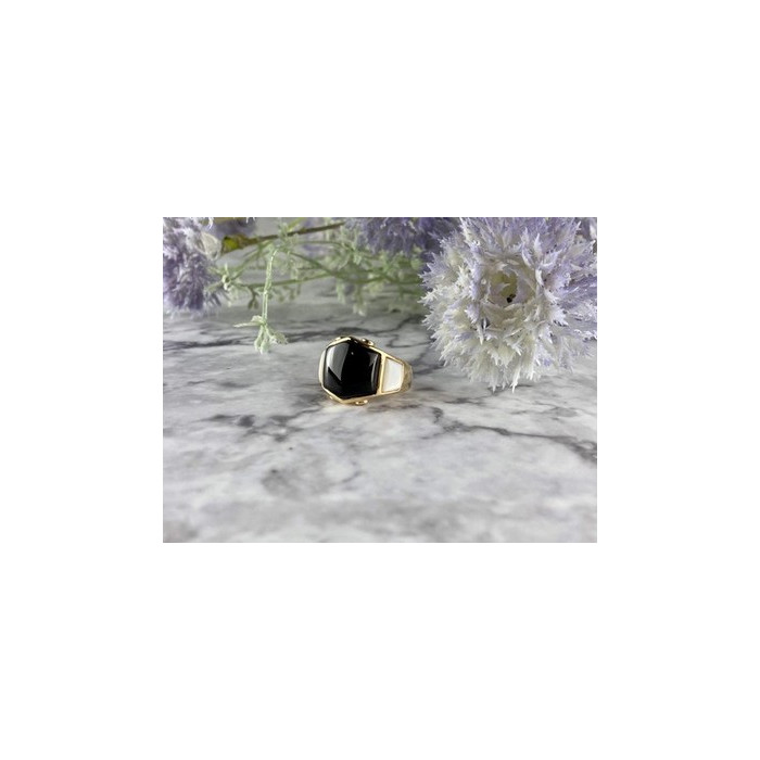 925 Sterling Silver Gold Plated Black Jade, Mother Of Pearl & CZ Ring Size 7