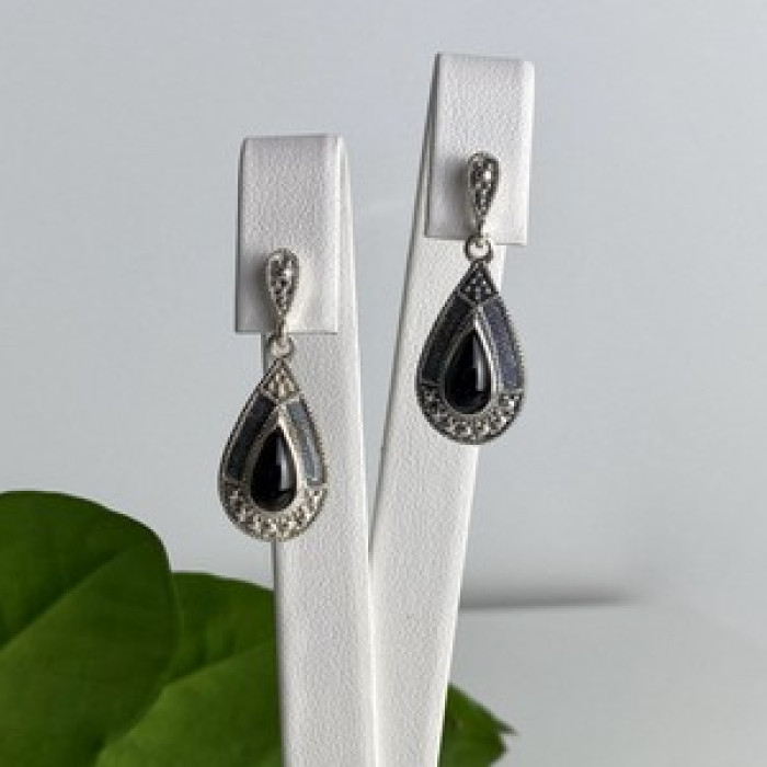 Vintage 925 Sterling Silver Onyx Stud Earrings