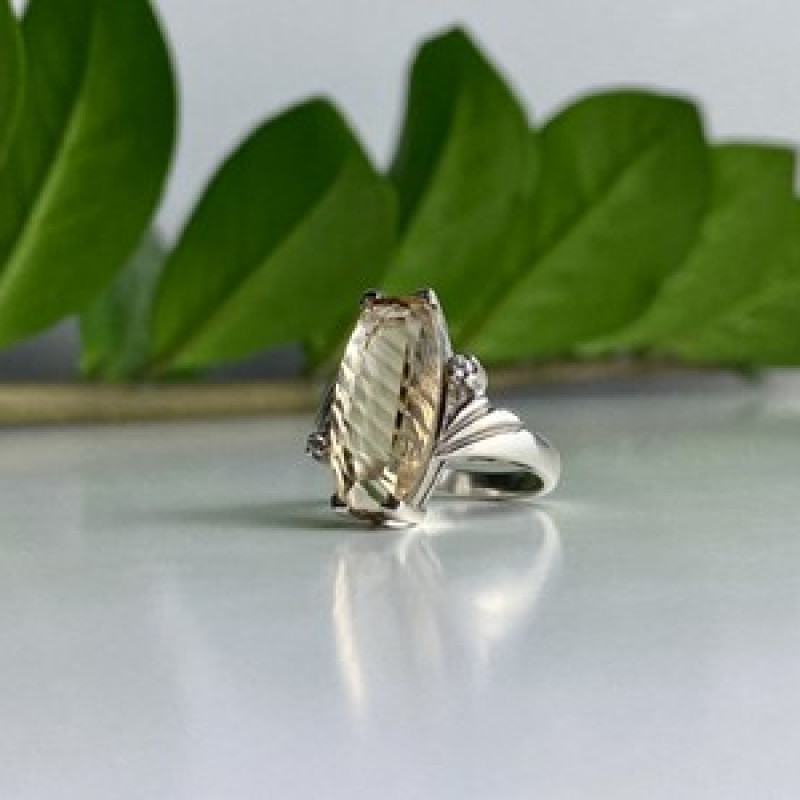 925 Sterling Silver Golden Tourmaline & Quartz Ring Size 6.5