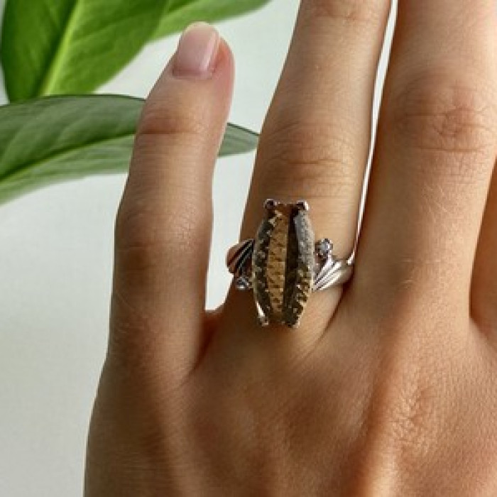 925 Sterling Silver Golden Tourmaline & Quartz Ring Size 6.5