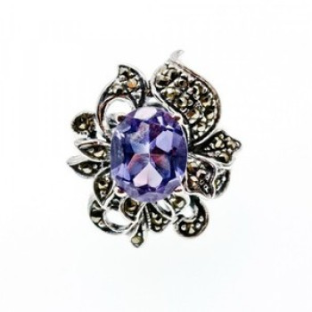925 Sterling Silver Amethyst & Marcasites Ring Size 7