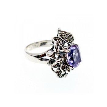 925 Sterling Silver Amethyst & Marcasites Ring Size 7