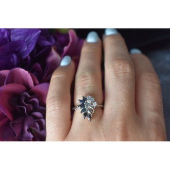 925 Sterling Silver Dark Blue Spinel & CZ Ring Size 6.5