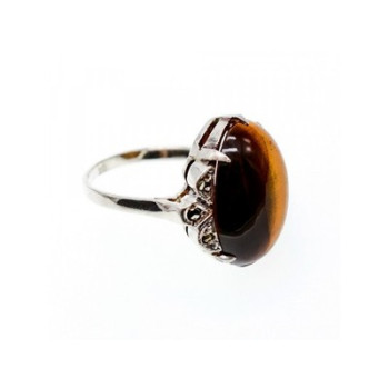 Vintage 925 Sterling Silver Tiger's Eye & Marcasites Ring Size 6.5
