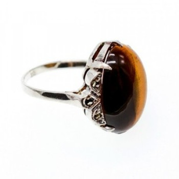 Vintage 925 Sterling Silver Tiger'S Eye & Marcasites Ring Size 6.5