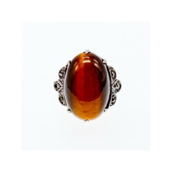 Vintage 925 Sterling Silver Tiger's Eye & Marcasites Ring Size 6.5