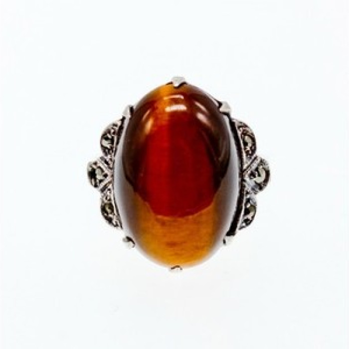 Vintage 925 Sterling Silver Tiger'S Eye & Marcasites Ring Size 6.5