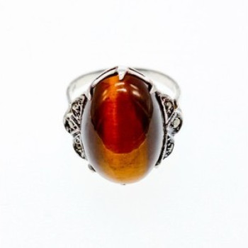 Vintage 925 Sterling Silver Tiger'S Eye & Marcasites Ring Size 6.5