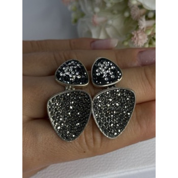 Aesthetic 925 Sterling Silver Marcasite & CZ Earrings Length 1.45 Inch