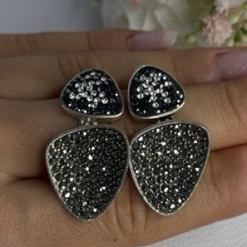 Aesthetic 925 Sterling Silver Marcasite & CZ Earrings Length 1.45 Inch