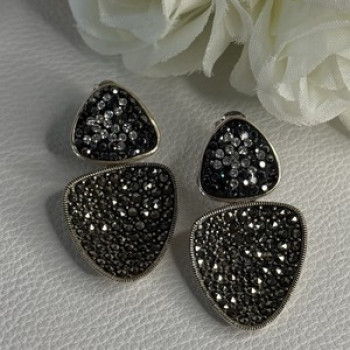 Aesthetic 925 Sterling Silver Marcasite & CZ Earrings Length 1.45 Inch