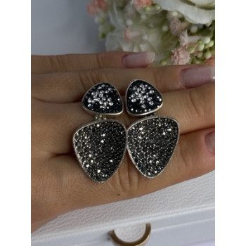 Aesthetic 925 Sterling Silver Marcasite & CZ Earrings Length 1.45 Inch