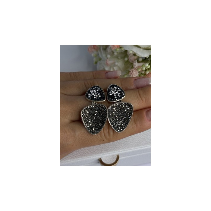 Aesthetic 925 Sterling Silver Marcasite & CZ Earrings Length 1.45 Inch