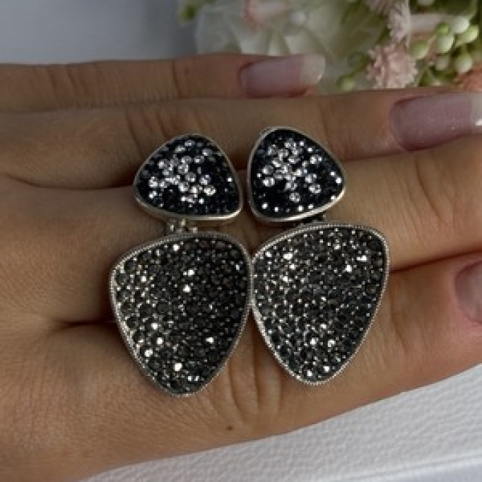 Aesthetic 925 Sterling Silver Marcasite & CZ Earrings Length 1.45 Inch