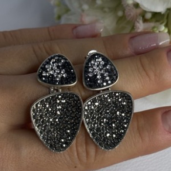 Aesthetic 925 Sterling Silver Marcasite & CZ Earrings Length 1.45 Inch