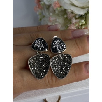 Aesthetic 925 Sterling Silver Marcasite & CZ Earrings Length 1.45 Inch