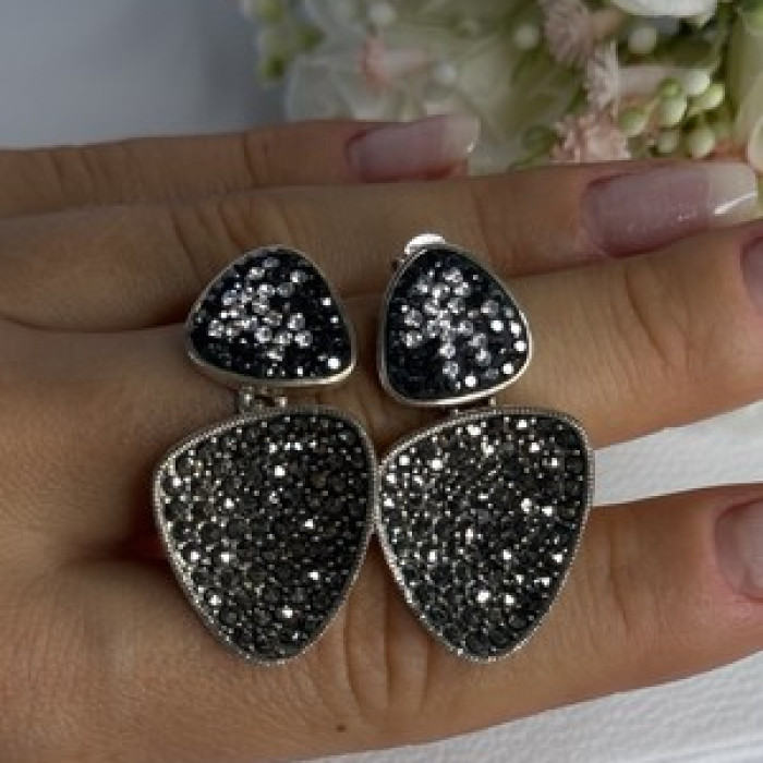 Aesthetic 925 Sterling Silver Marcasite & CZ Earrings Length 1.45 Inch