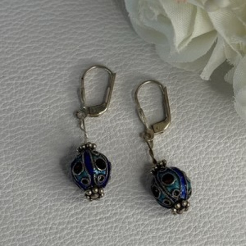 Antique Art Deco 925 Sterling Silver Unique Enamel Earrings Length 1.50 Inch
