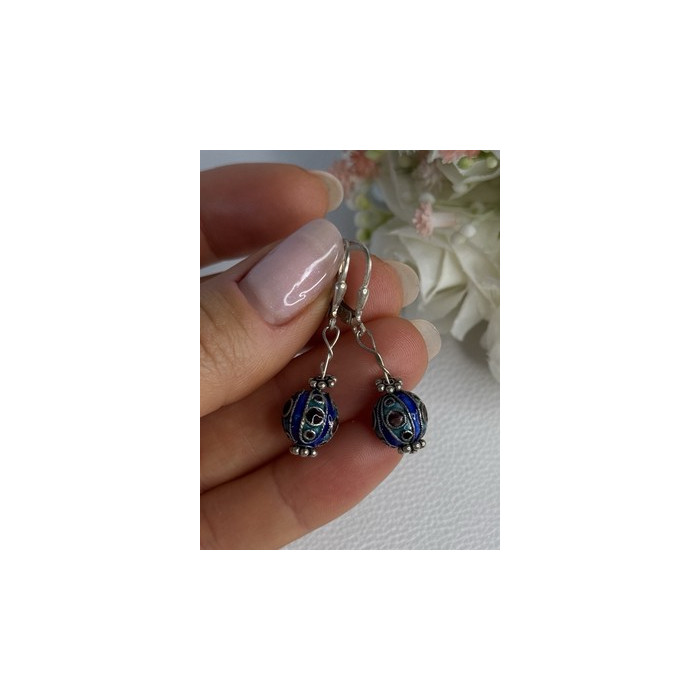 Antique Art Deco 925 Sterling Silver Unique Enamel Earrings Length 1.50 Inch