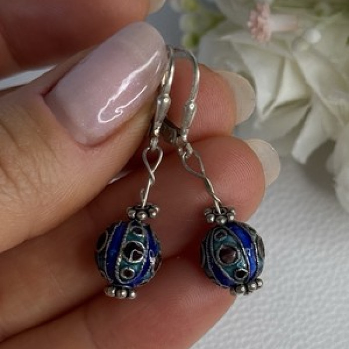 Antique Art Deco 925 Sterling Silver Unique Enamel Earrings Length 1.50 Inch